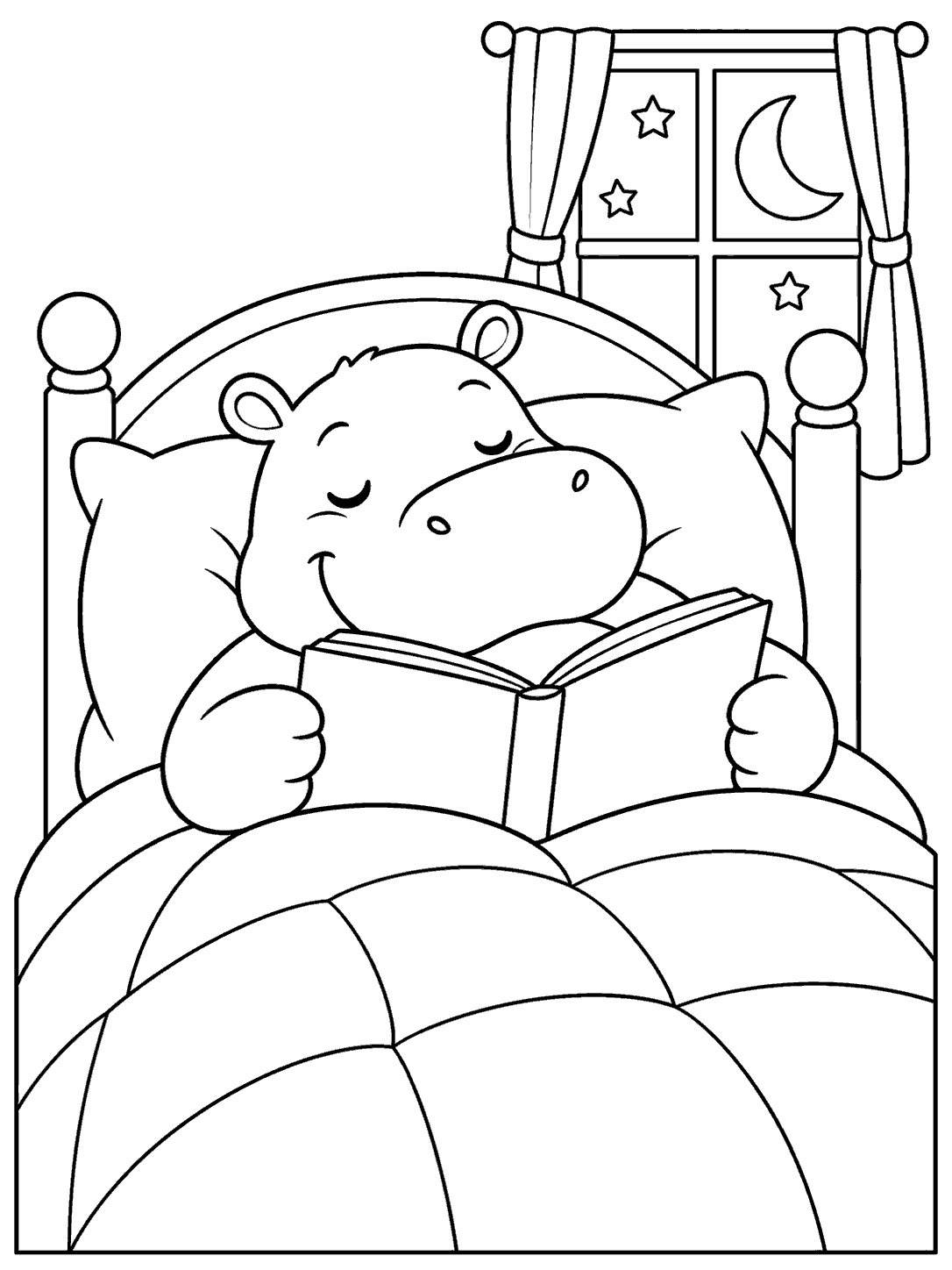 A sleepy hippo holding an open book while tucked into a patchwork bed beneath a window with a crescent moon and stars.