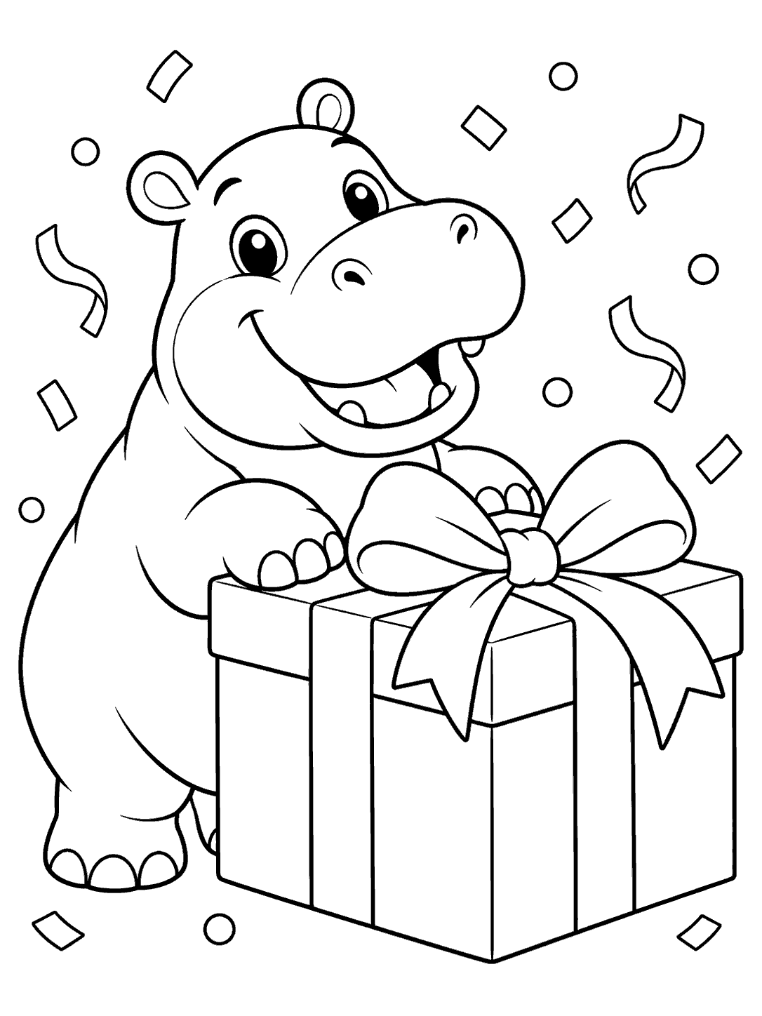 Smiling hippo beside a large wrapped present with a bow and scattered confetti
