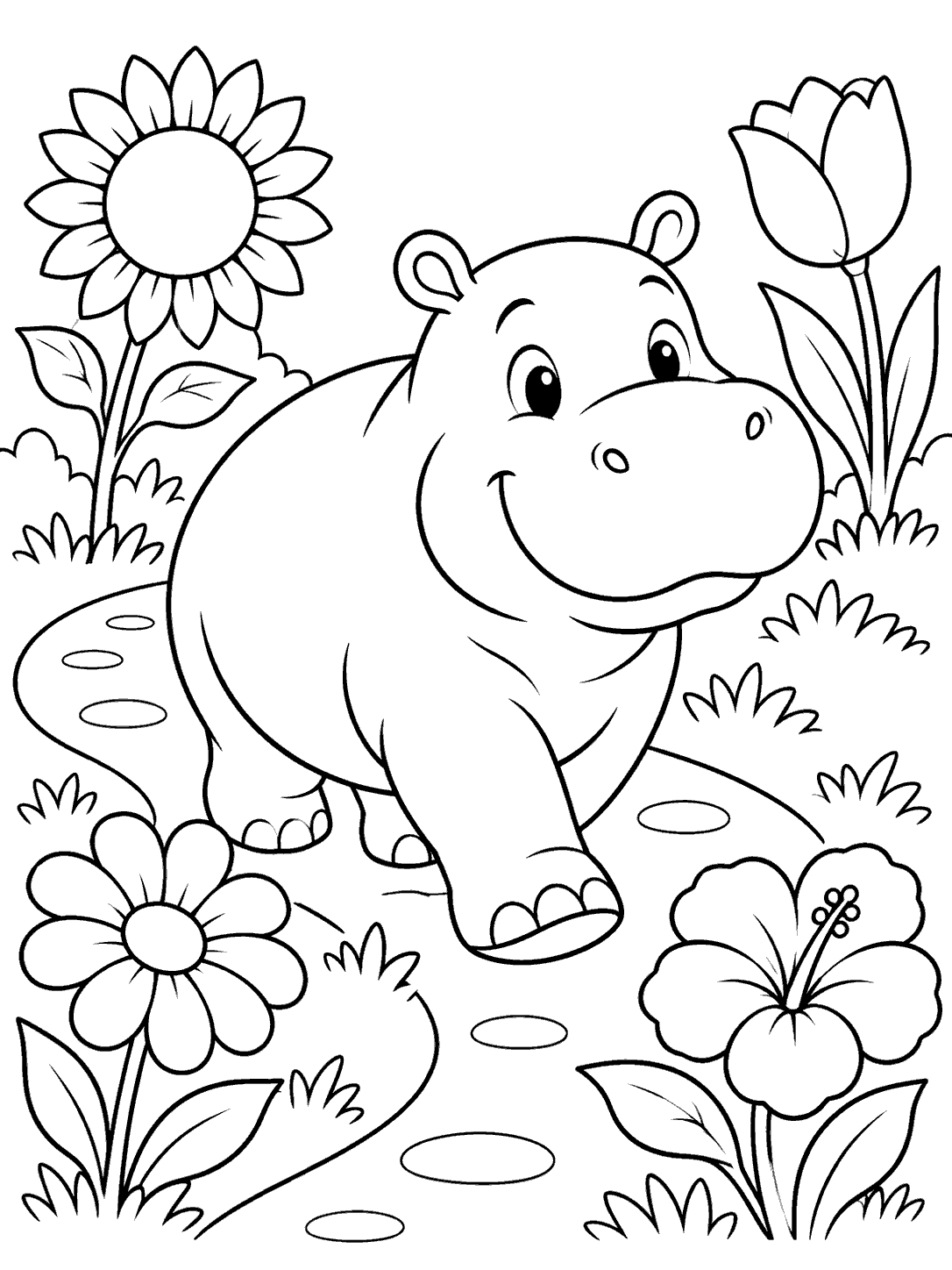 A smiling hippo strolling along a curved path, surrounded by four large flowers and sparse garden plants.