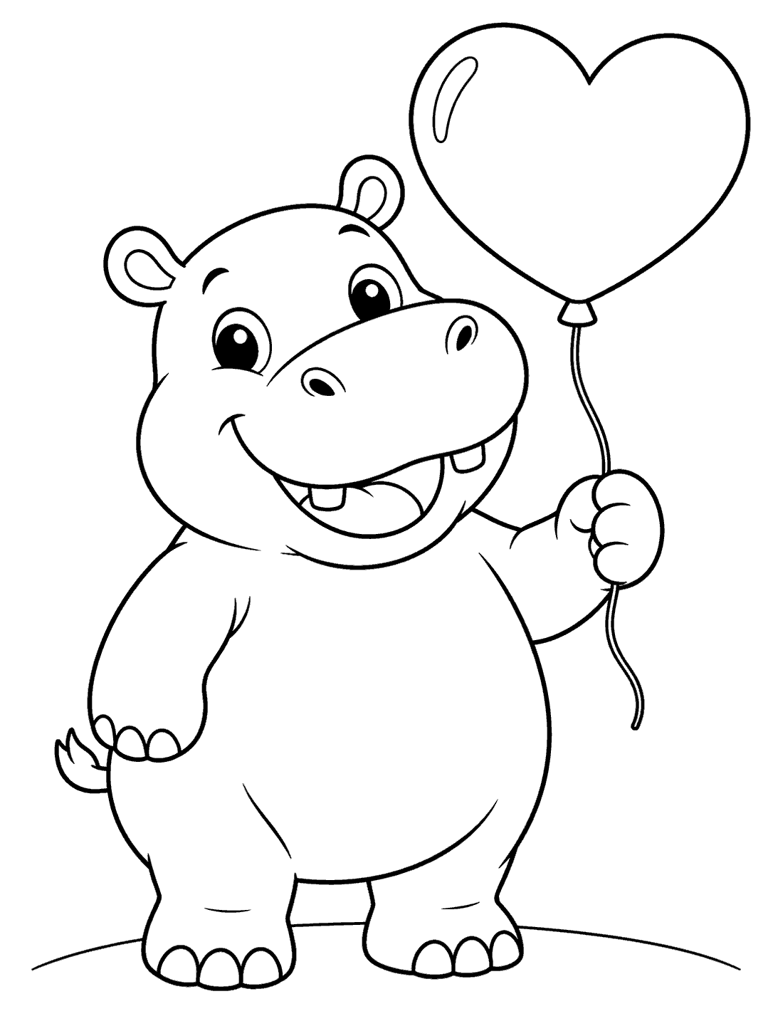 Smiling hippo holding a heart-shaped balloon by its string on a simple ground line.