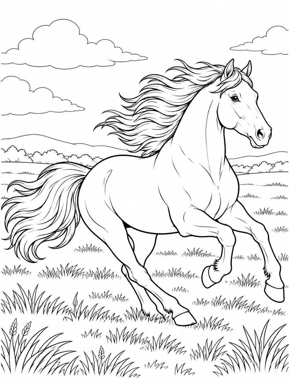 Horse galloping across a meadow coloring page