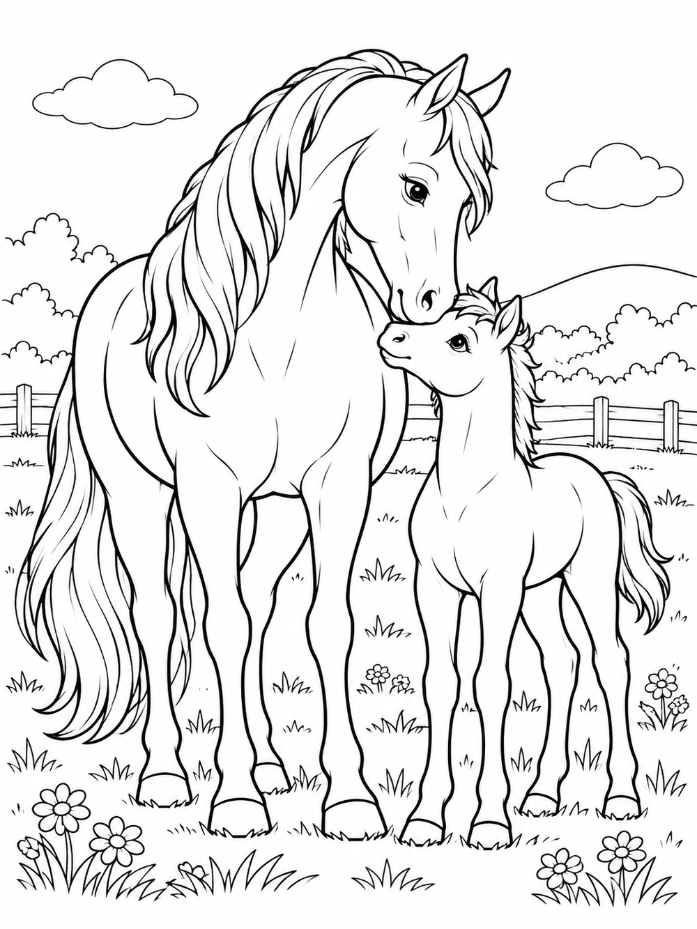 Black-outline coloring page of a mare nuzzling her foal in a pasture
