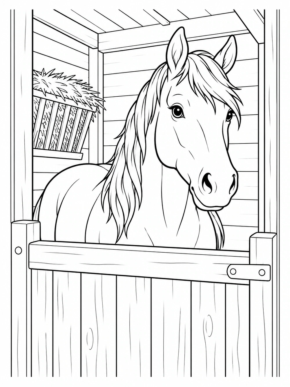 Horse standing behind a wooden stall door with a hay rack beside it, coloring page