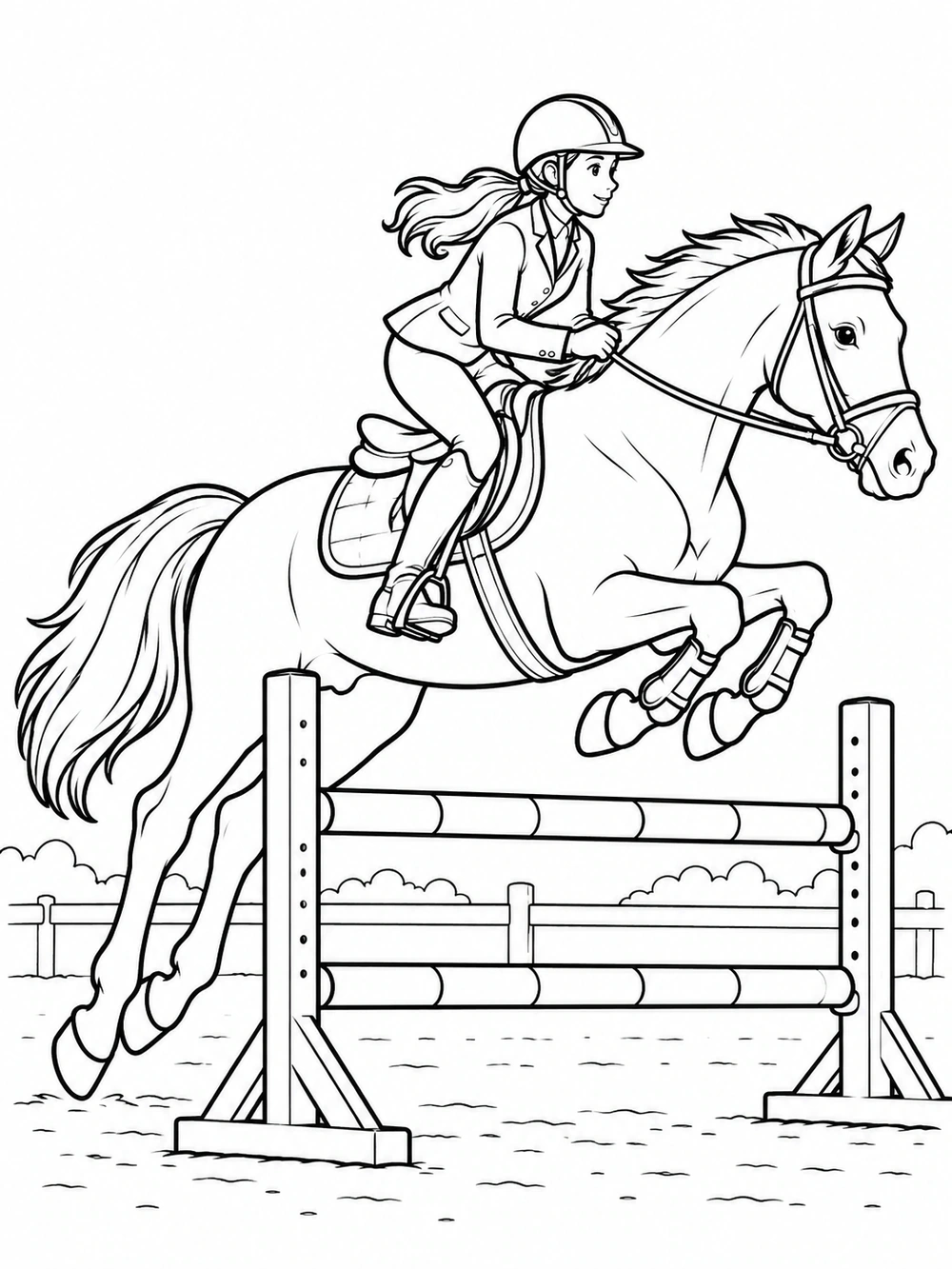 Black-and-white coloring page of a fully clothed rider on a horse jumping over arena rails.