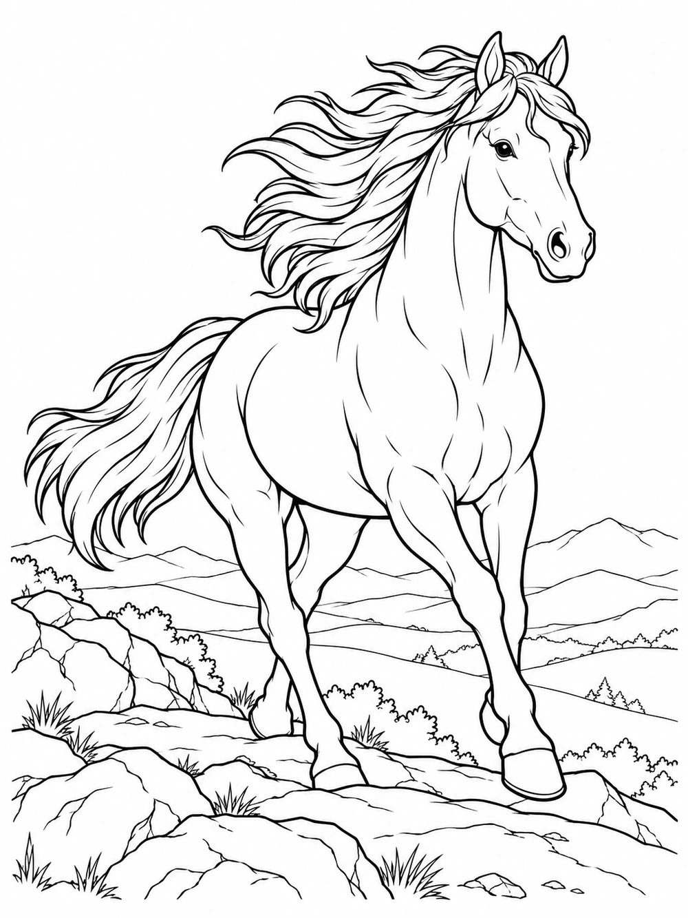 Black-and-white mustang coloring page with a flowing mane, rocky ridge, and distant rolling hills.