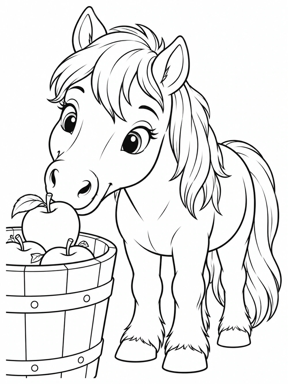 A wide-eyed pony leans toward an apple in a bucket on a black-and-white coloring page.