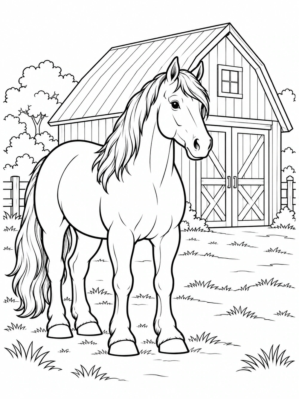 Black-and-white coloring page of a horse standing in front of a barn with double doors and a window.