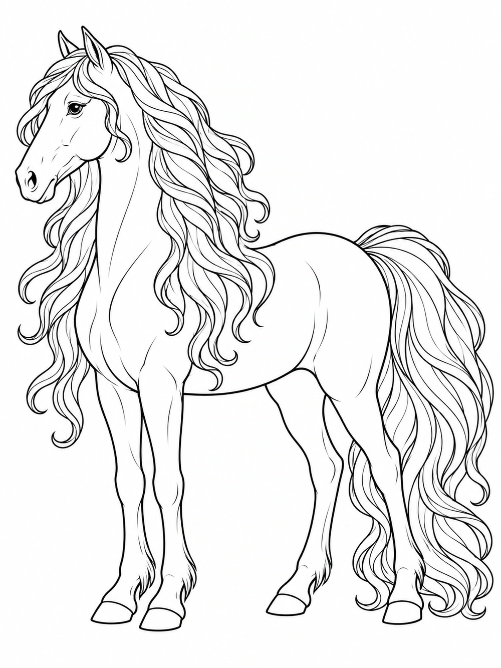 Graceful horse with an exceptionally long wavy mane and flowing tail in a black-and-white coloring page
