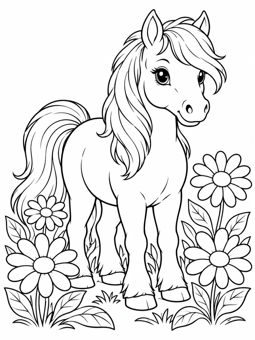Small pony surrounded by daisies and leafy plants in a black-and-white coloring page.