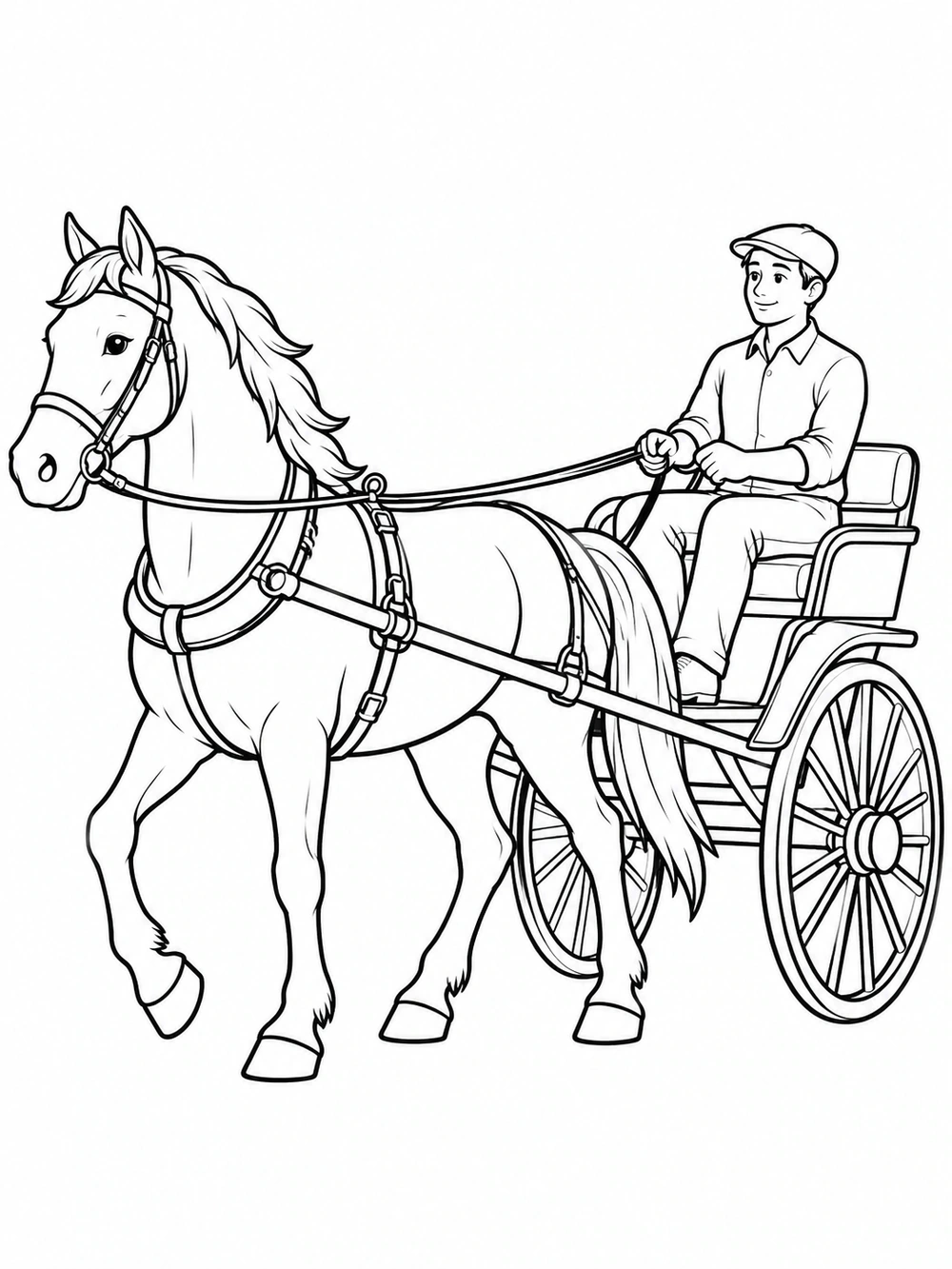 Black-and-white coloring page of a harnessed horse pulling a two-wheeled carriage with a seated driver.
