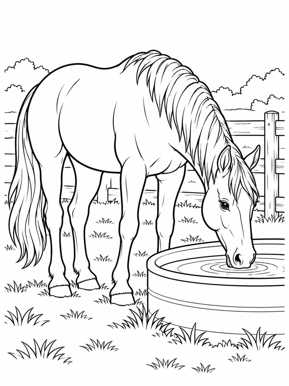 Black-and-white coloring page of a horse drinking from a trough beside a farm fence.