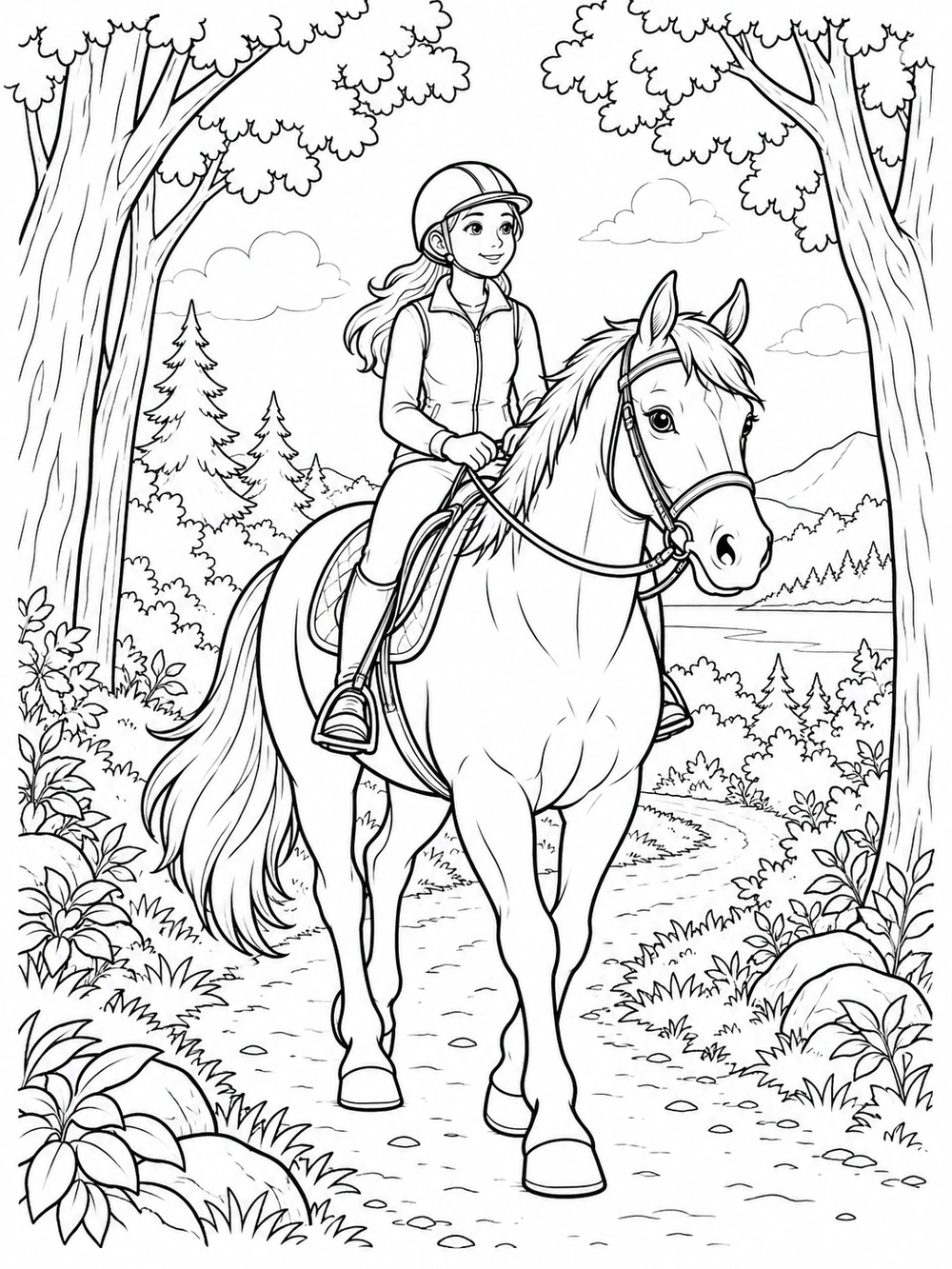 Black-and-white horse and helmeted rider on a woodland trail coloring page framed by trees and leafy canopies