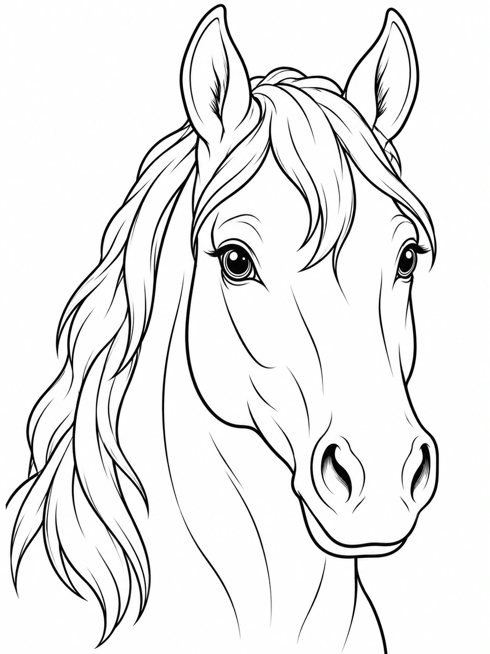 Close-up horse portrait coloring page with a flowing mane and upright ears
