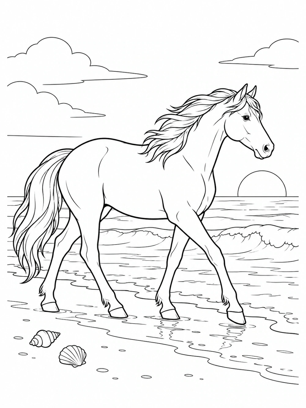 Horse walking beside ocean waves coloring page
