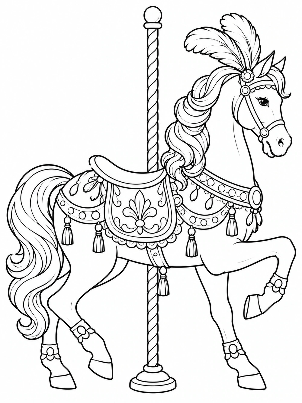 Black and white carousel horse coloring page with a raised front leg, flowing mane, feather plume, patterned saddle, and vertical pole.