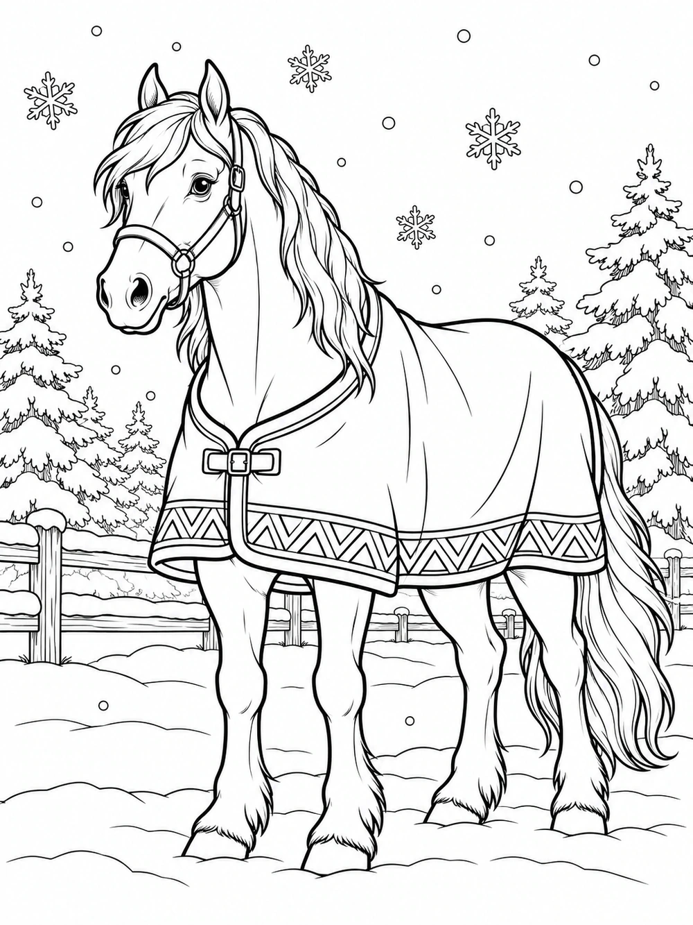 Horse wearing a geometric blanket and standing in a snowy winter scene, surrounded by snowflakes and evergreen trees.