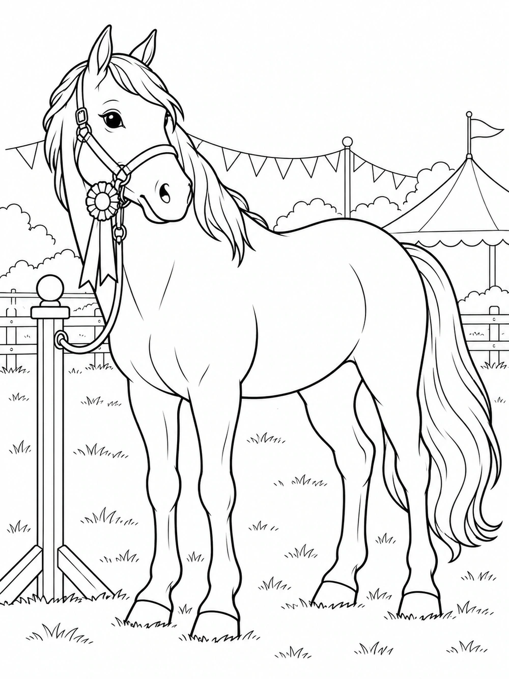 Groomed horse wearing a prize ribbon at a country fair, with bunting, a fence, and a tent.