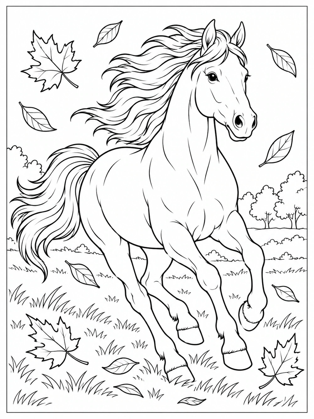 Printable horse coloring page showing a running horse with a flowing mane, scattered leaves, and distant trees.