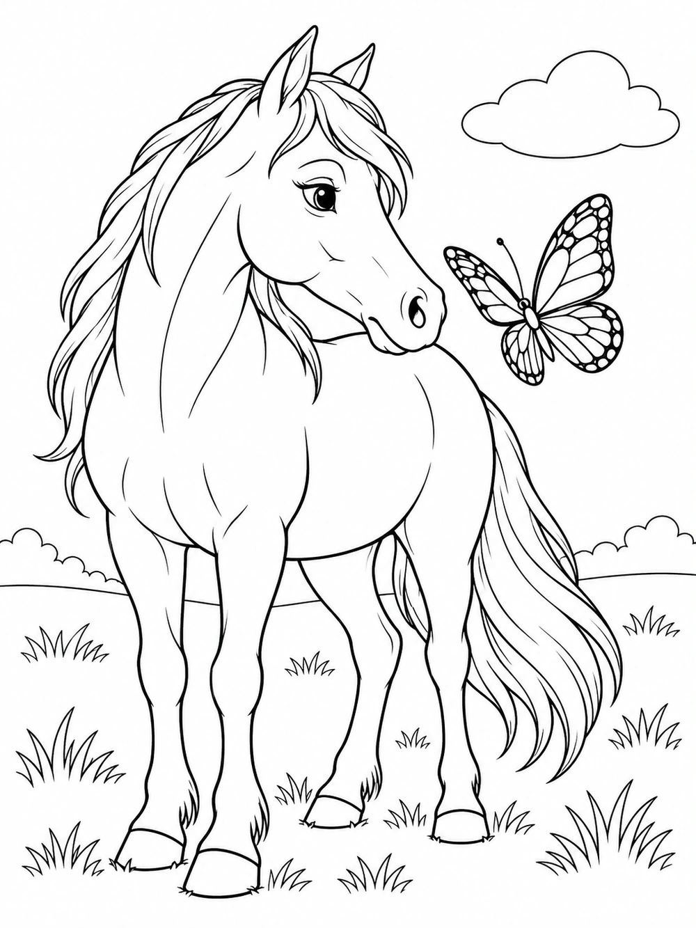 A calm horse turning toward a large butterfly in a pasture with grass tufts and clouds, drawn as a black-and-white coloring page.