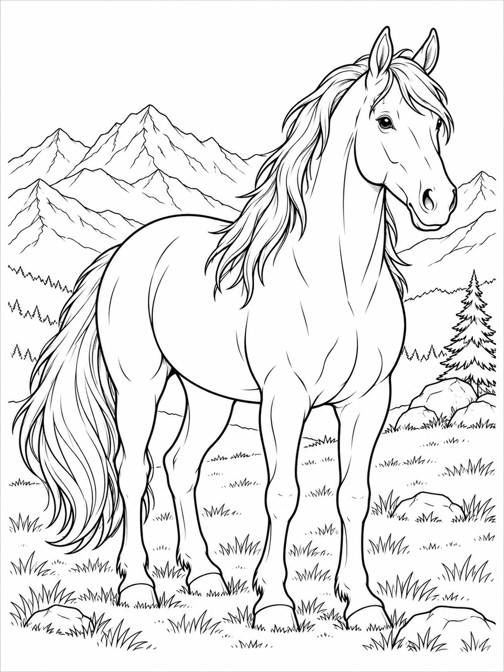 Large horse standing in a grassy mountain pasture with mountain peaks, pine trees, and rocks in the background.