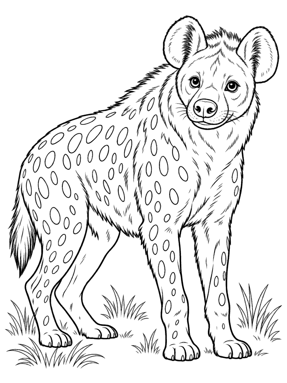 Printable spotted hyena standing among grass tufts
