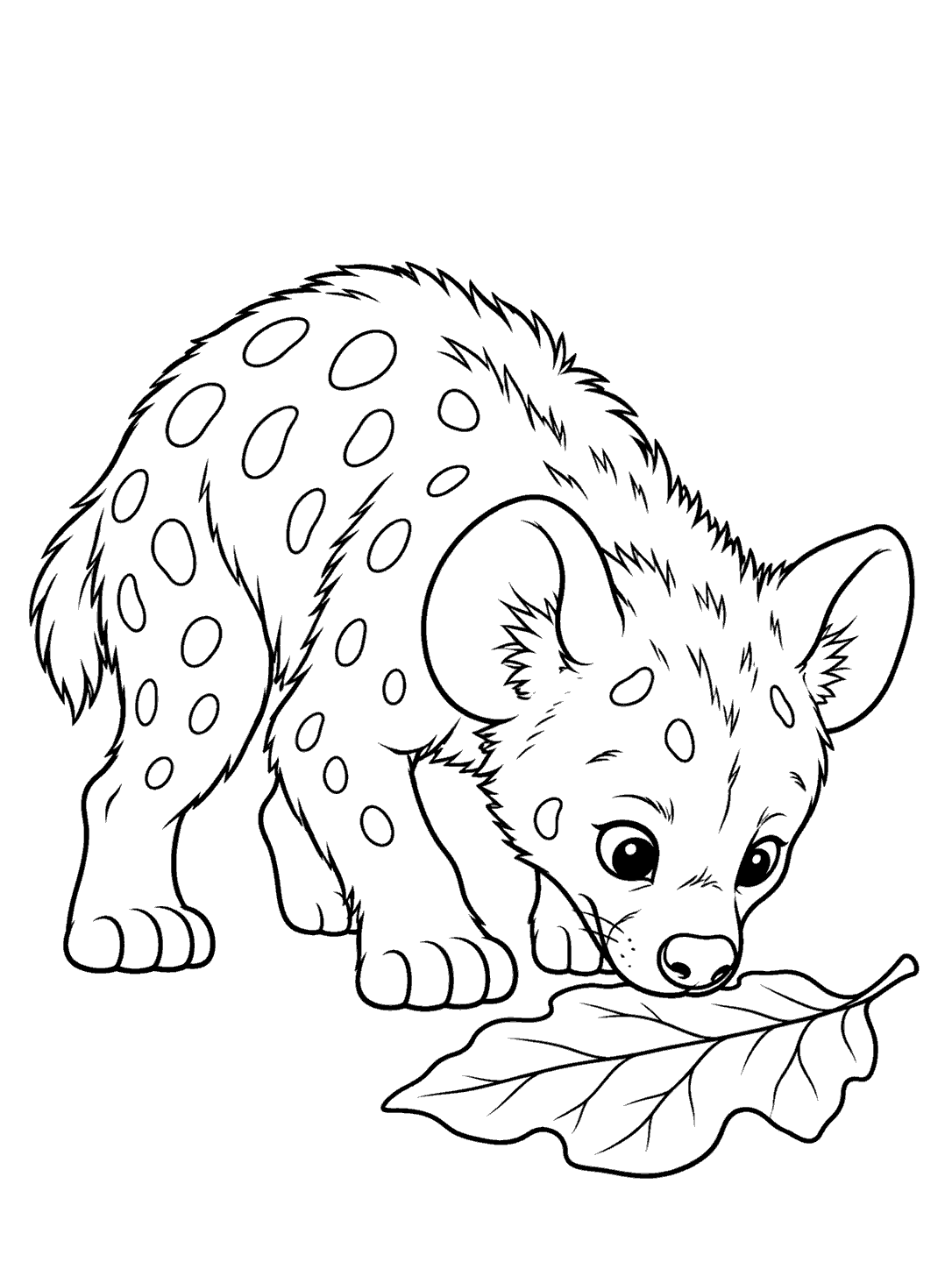 Spotted hyena cub crouching to sniff a large fallen leaf in a black-outline coloring page.