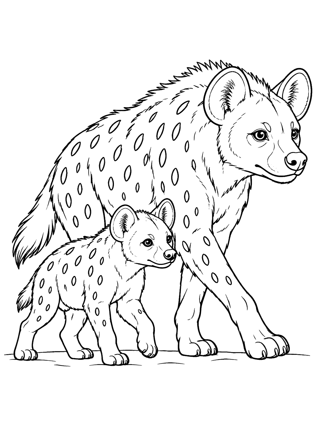 Adult spotted hyena walking beside a smaller cub, both facing the same direction