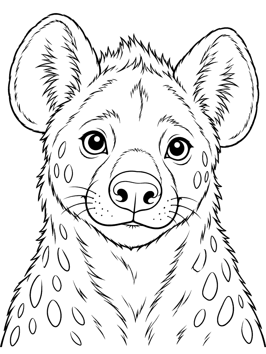 Front-facing spotted hyena portrait with rounded ears, a broad muzzle, and outlined coat spots.