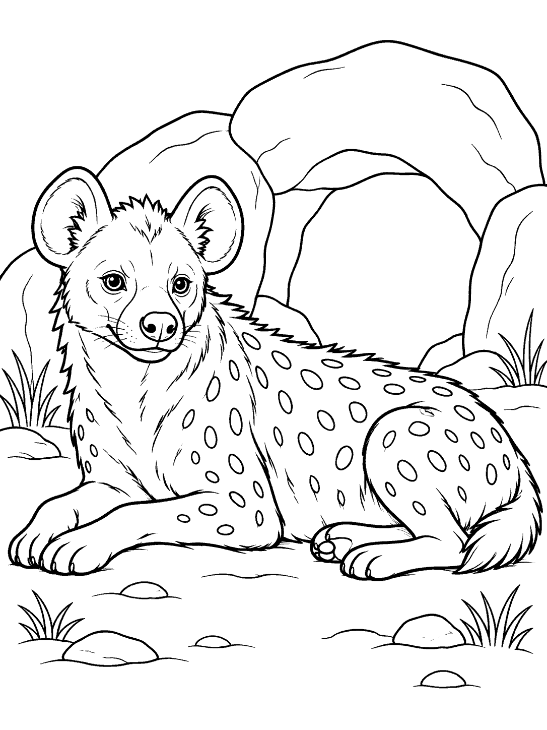 Spotted hyena lying among rocks beside an arch-shaped den entrance