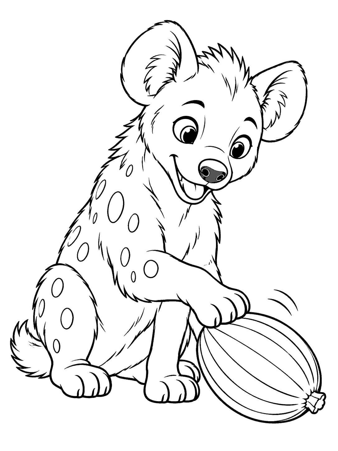 Spotted hyena pup sitting and batting a large oval seed pod