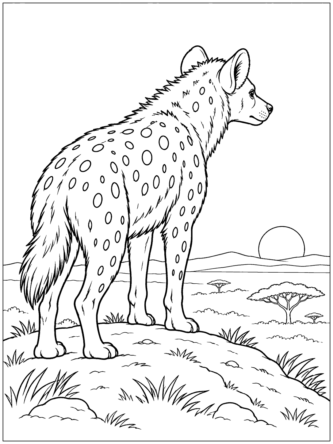 Spotted hyena with rounded ears and large spots standing on a grassy hill, with a small sun and sparse trees in the distance.