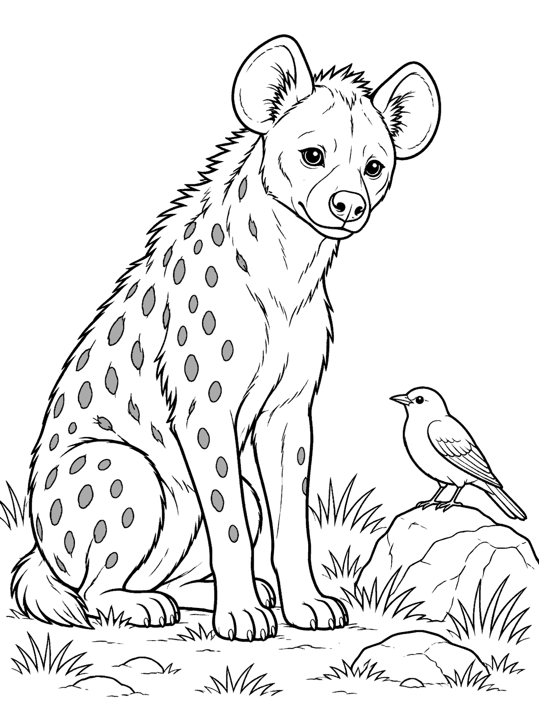 Spotted hyena with rounded ears beside a small bird perched on a rock, with grass and stones