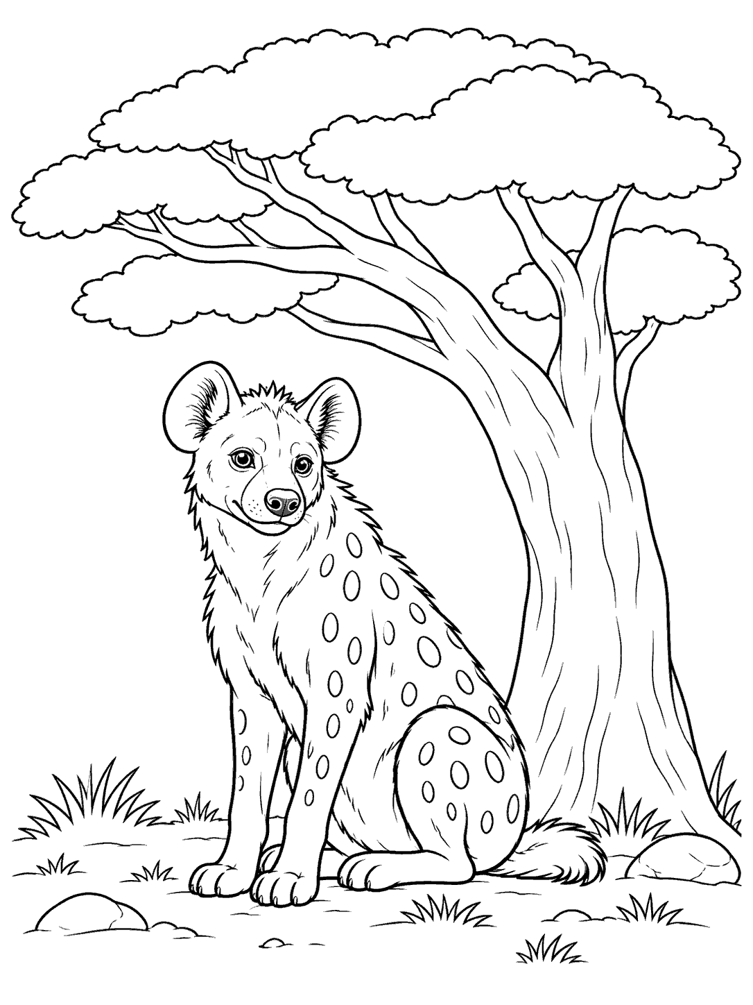 Spotted hyena sitting beside a large tree with a broad canopy and grass around its feet.