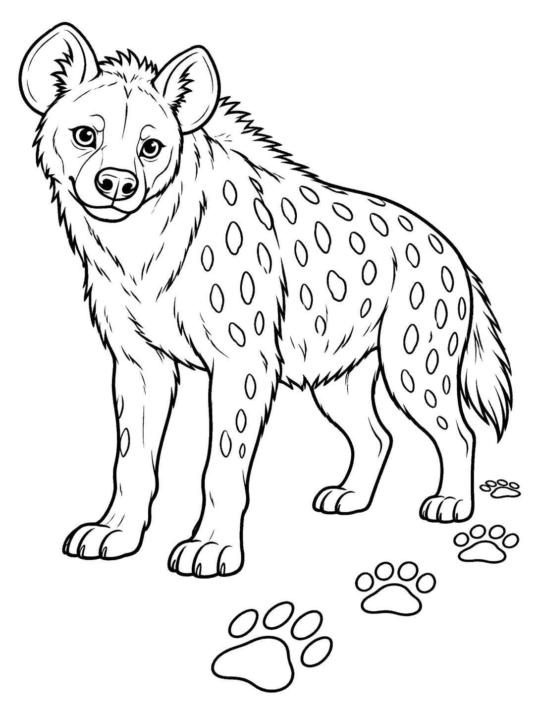 Spotted hyena standing beside a curved trail of paw prints