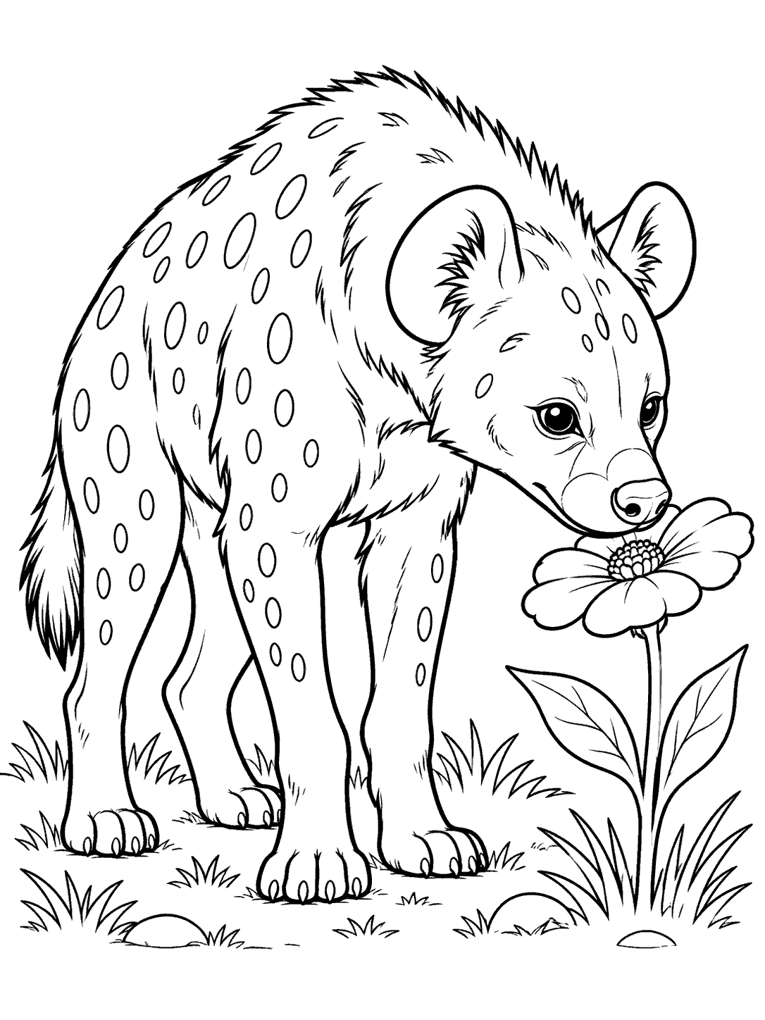 A spotted hyena with rounded ears and large spots sniffing a broad-petaled wildflower.