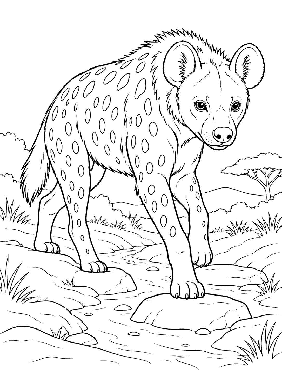 Spotted hyena stepping over a rocky dry streambed