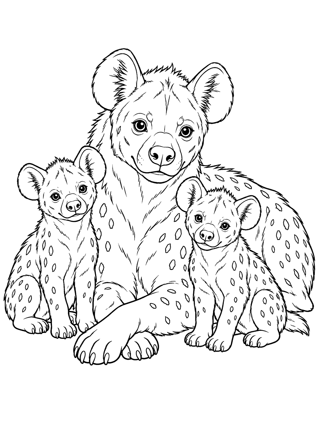 Adult spotted hyena resting with two cubs sitting beside it