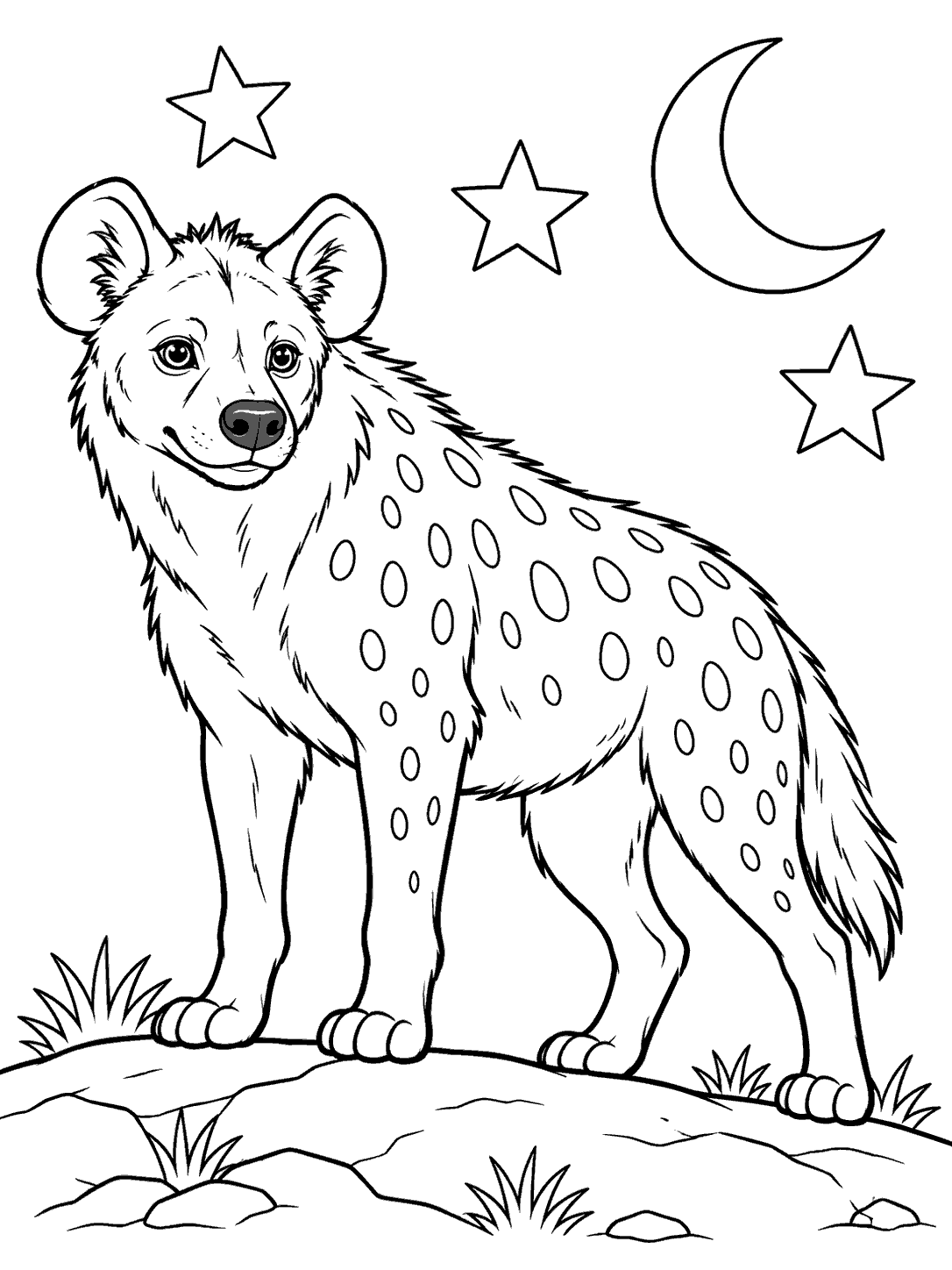Black outline coloring page of a spotted hyena standing on a low rocky ridge beneath a crescent moon and three stars.