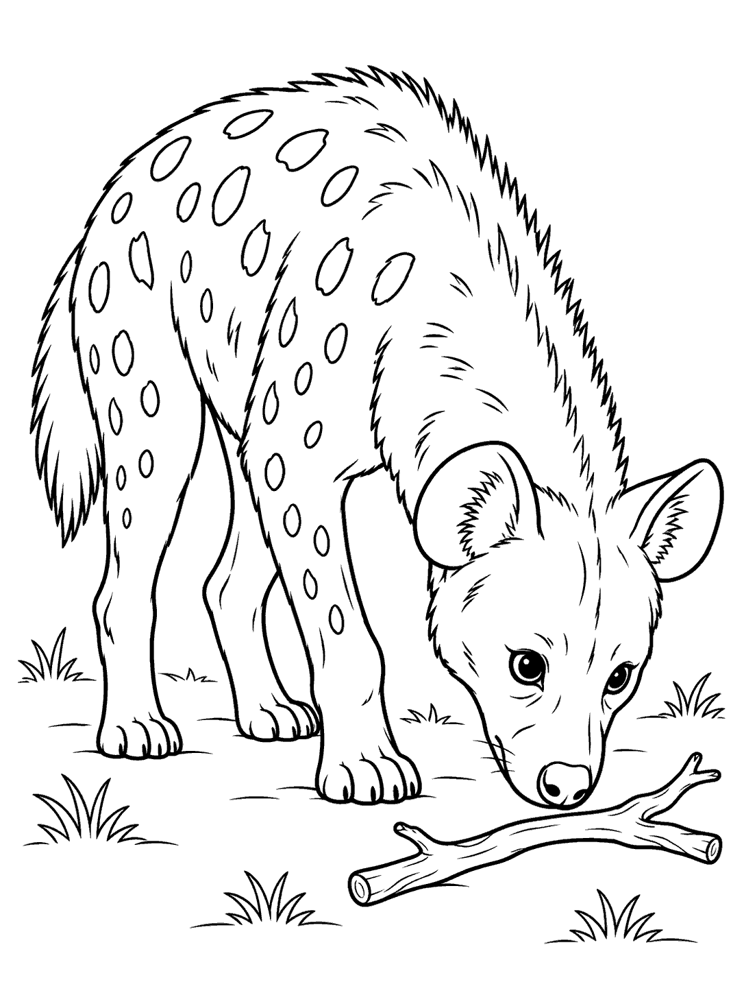 Spotted hyena lowering its nose toward a fallen branch, with grass tufts around it.
