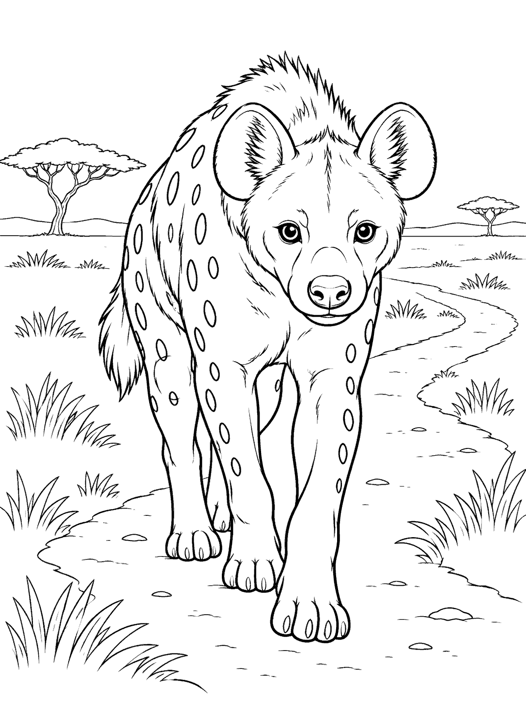Spotted hyena walking toward the viewer on a winding path across a sparse savanna, with grass and acacia trees.