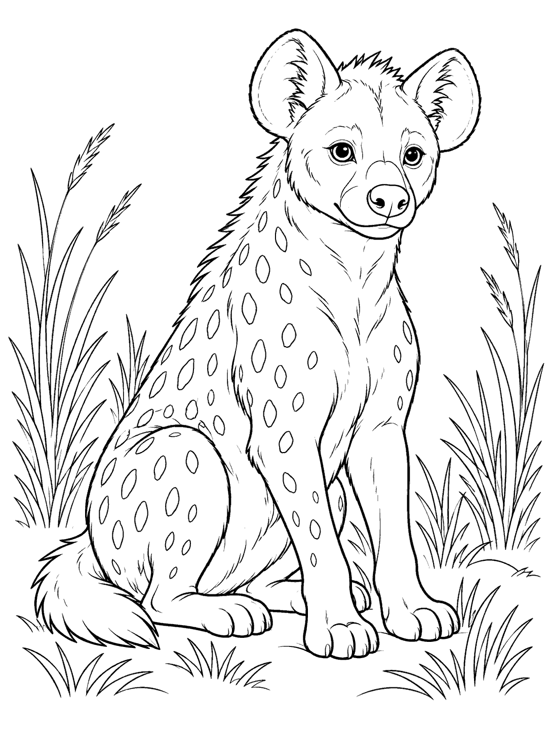 Seated spotted hyena framed by tall grass tufts