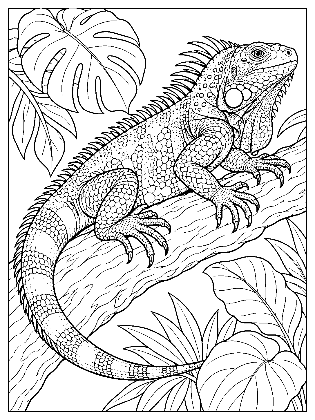 Iguana resting on a leafy tropical branch
