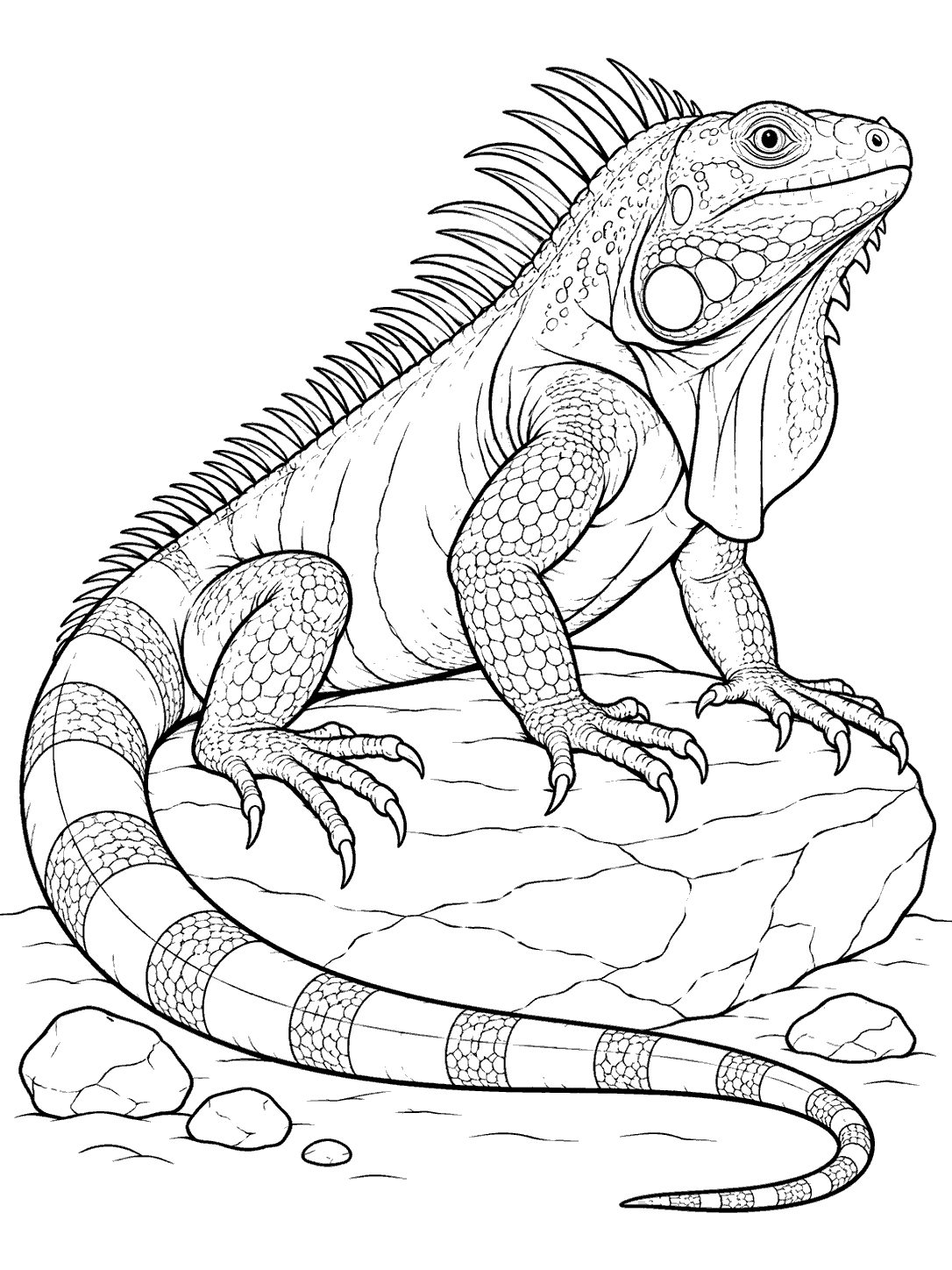 Black ink iguana coloring page showing a spiny iguana basking on a flat rock with its long tail curled beside it.