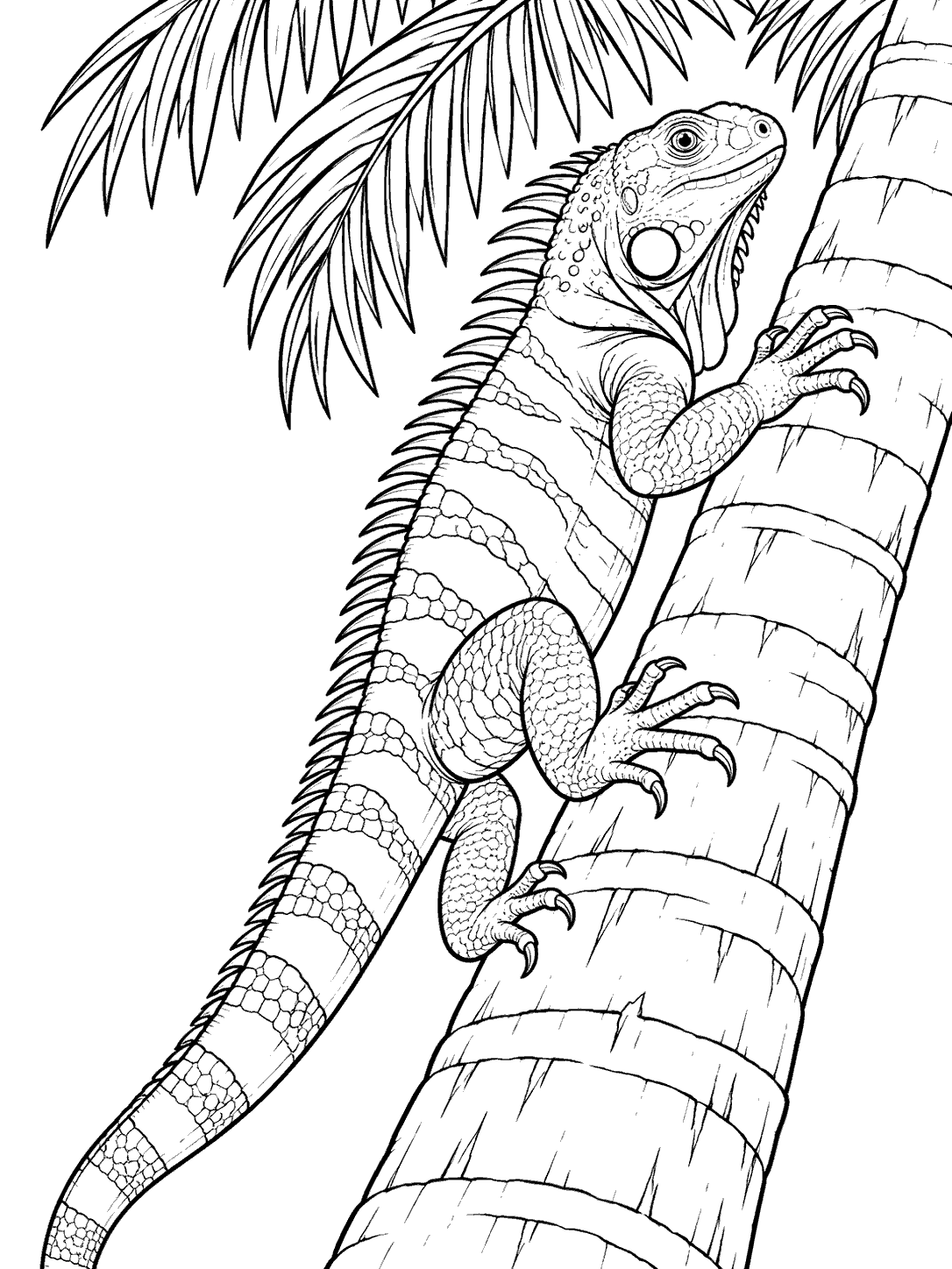 Detailed iguana gripping a leaning palm trunk beneath fronds, with its tail trailing down.