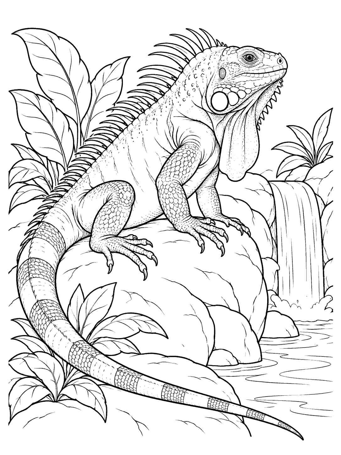Profile view of a spined iguana perched on a rounded stone beside a waterfall, with broad leaves and flowing water.