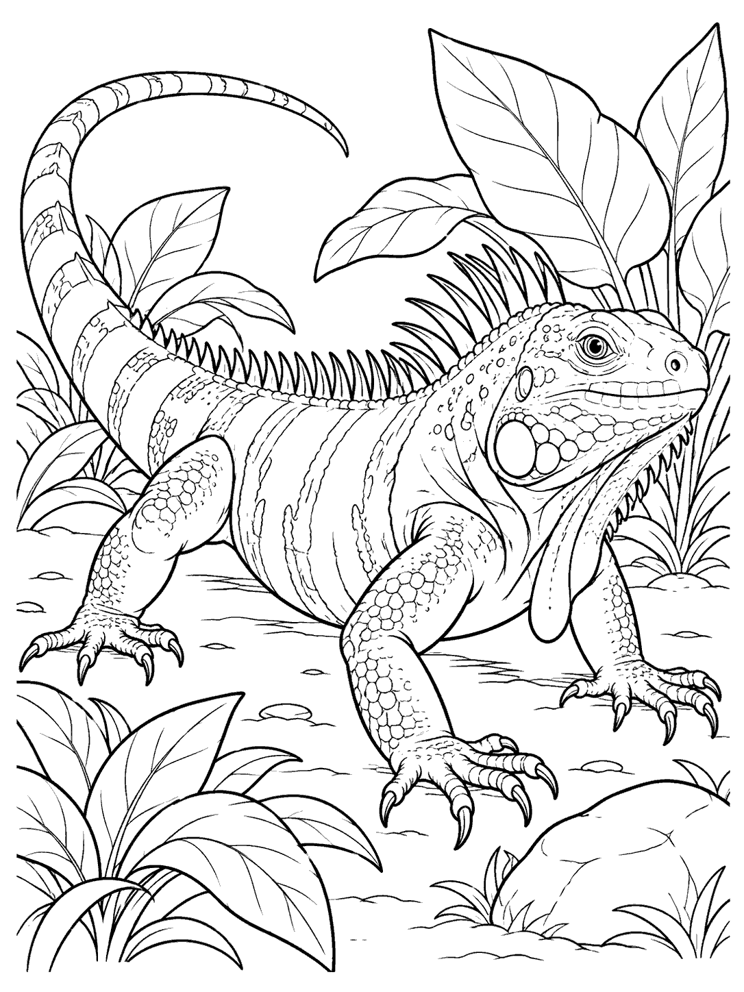 Alert iguana with a curved tail and spiny crest walking among broad-leaf garden plants beside a stone.