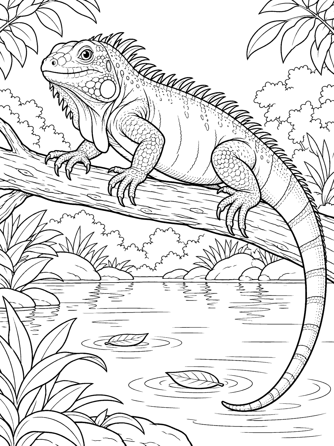 An iguana gripping a branch over a pond, with its tail curving into the water and leaves floating nearby