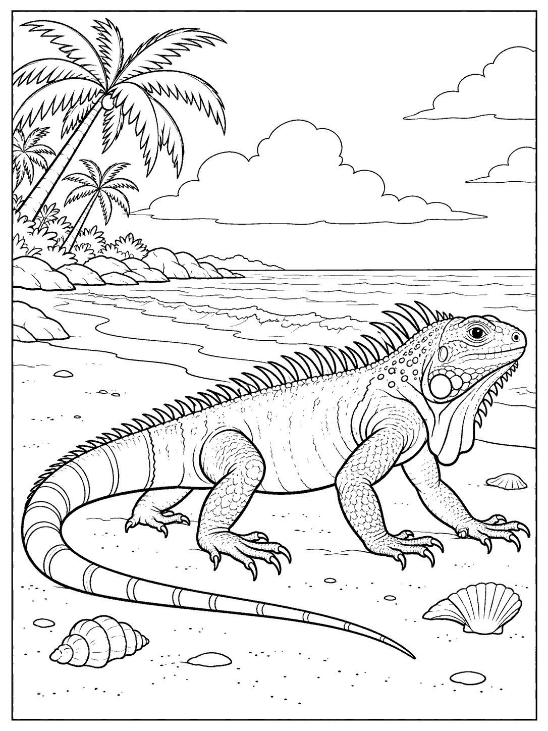 A large spiny-crested iguana walks across a tropical beach, with shells, palms, and distant waves.