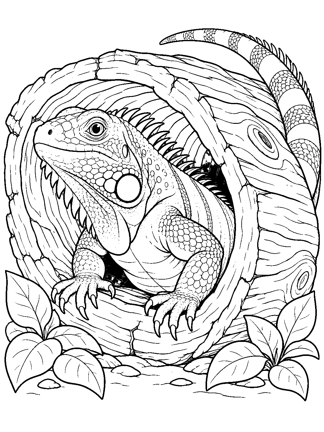 Iguana peeking from a hollow log, with its tail curling over the log and leaves at the base