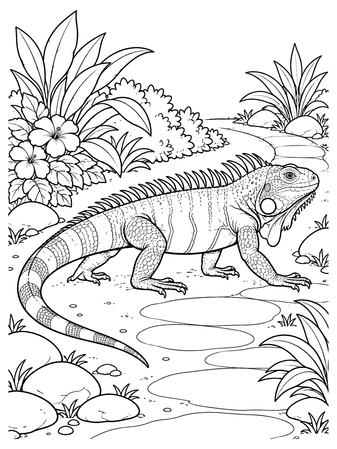 A detailed side-view iguana with a long curved tail crossing a garden path lined with plants and smooth stones.